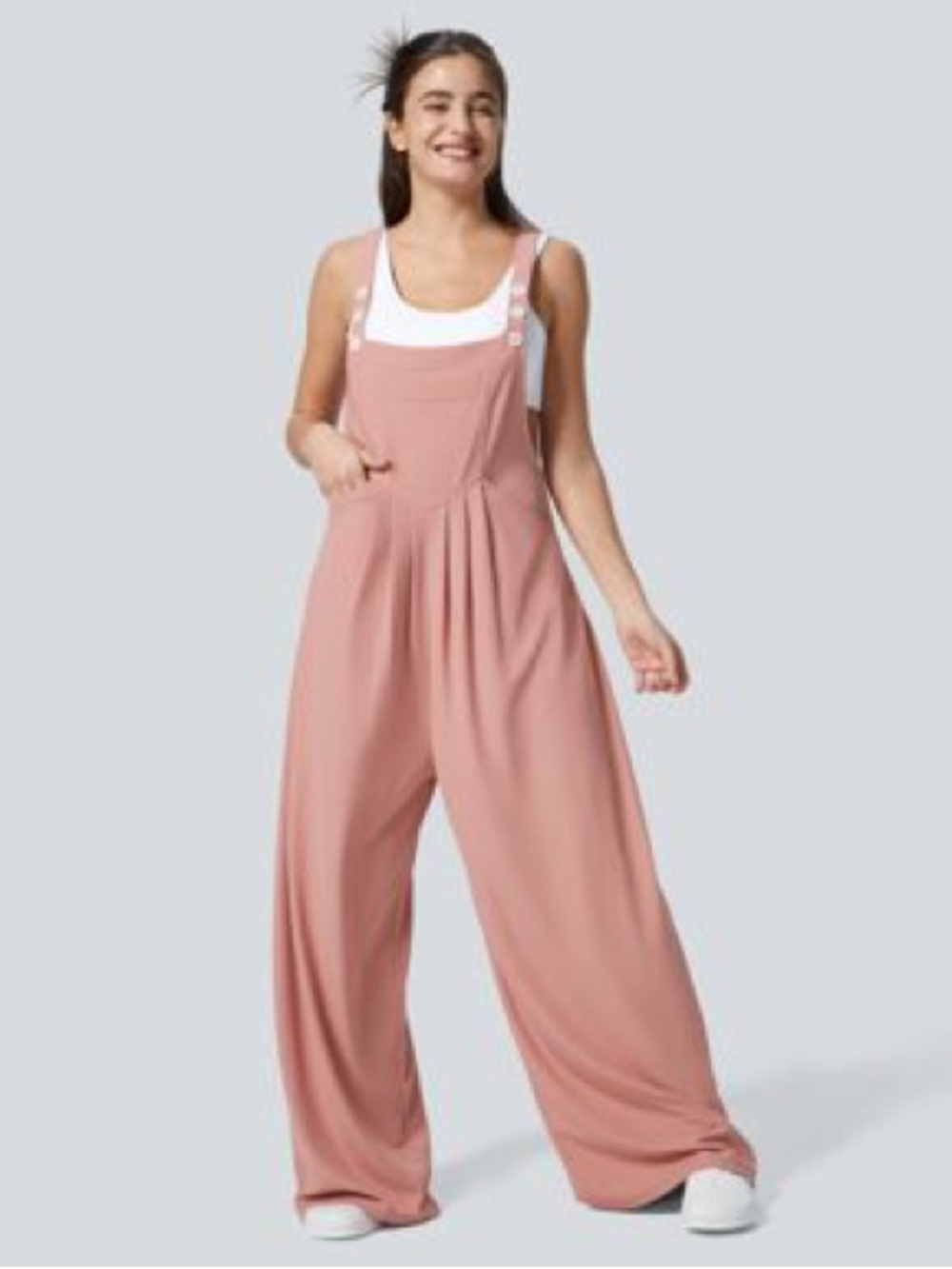 HALARA Waffle Knit Overalls Rose Tan Baggy Casual Wide Leg Y-Back Jumpsuit Sz L